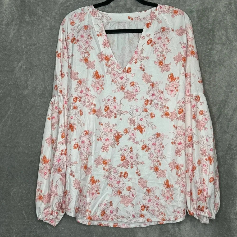 Amazon XXL 2X Shirt Top‎ White Pink Floral Flower Balloon Sleeve V Neck Womens